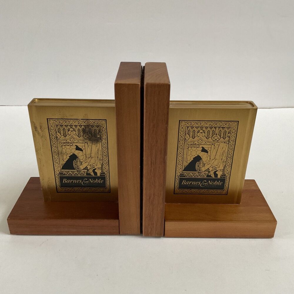 2 VTG Barnes & Noble Brass & Wood Bookends Store Display Library Decor Reader